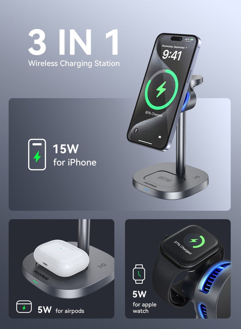 FOOMEE Wireless Charger for iphone 3-in-1 Charging Station Qi2 15W Charging for iPhone Magnetic Wireless Stand for iPhone 17Promax/Pro16/15/14/13 AirPods Apple Watch Includes USB C Charger and Cable - Image 4